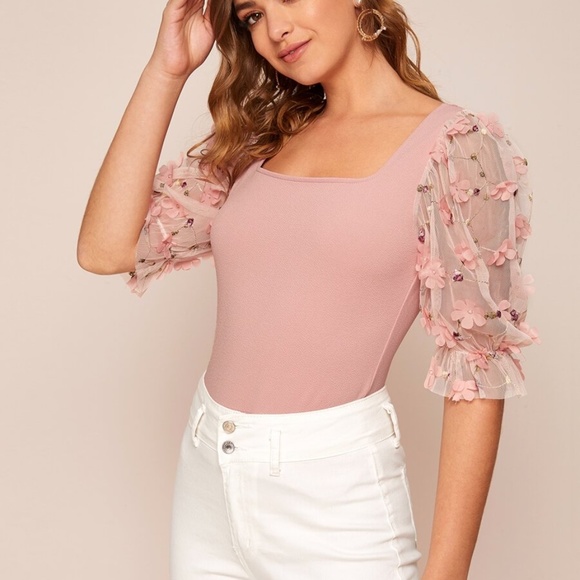 021 boho pink floral detail sheer Puff sleeve ruffle top - Picture 2 of 4